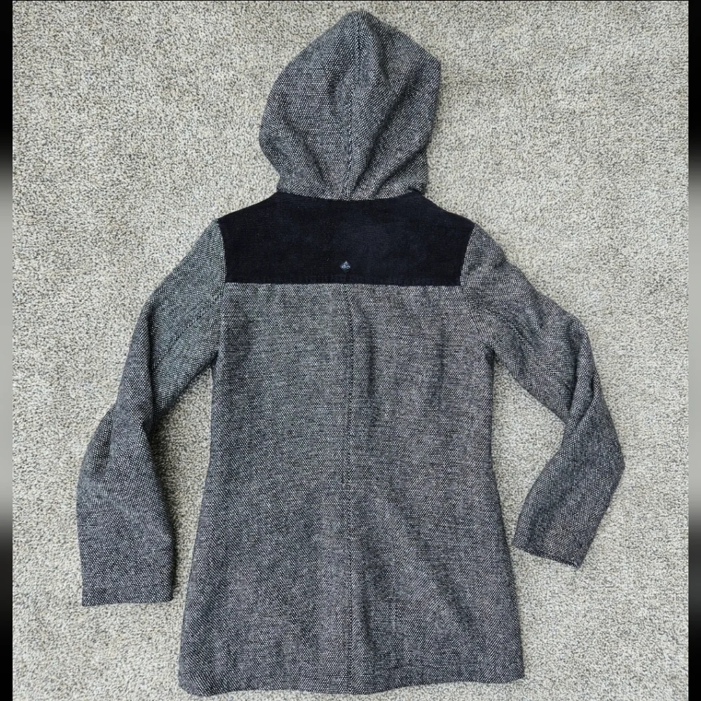 Prana Megan Black Tweed Duffle Wool Blend Jacket Sherpa Hood Toggle Womens XS